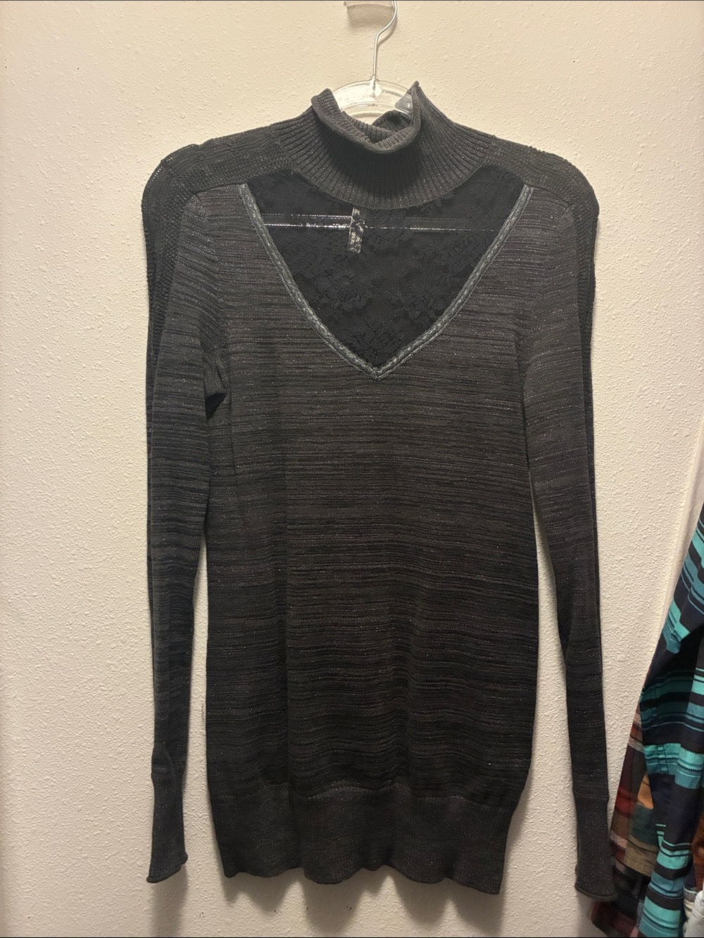 Free People Charcoal Gray Lace-Trim Turtleneck Sweater